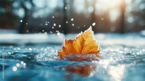 An orange autumn leaf catches the sunlight as it floats on the water, surrounded by splashes, symbolizing the season's beauty and the fleeting nature of time.
