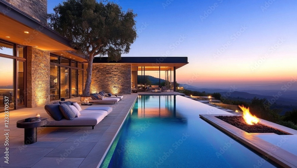 Fototapeta premium Luxury Villa with Infinity Pool and Panoramic Sunset Views