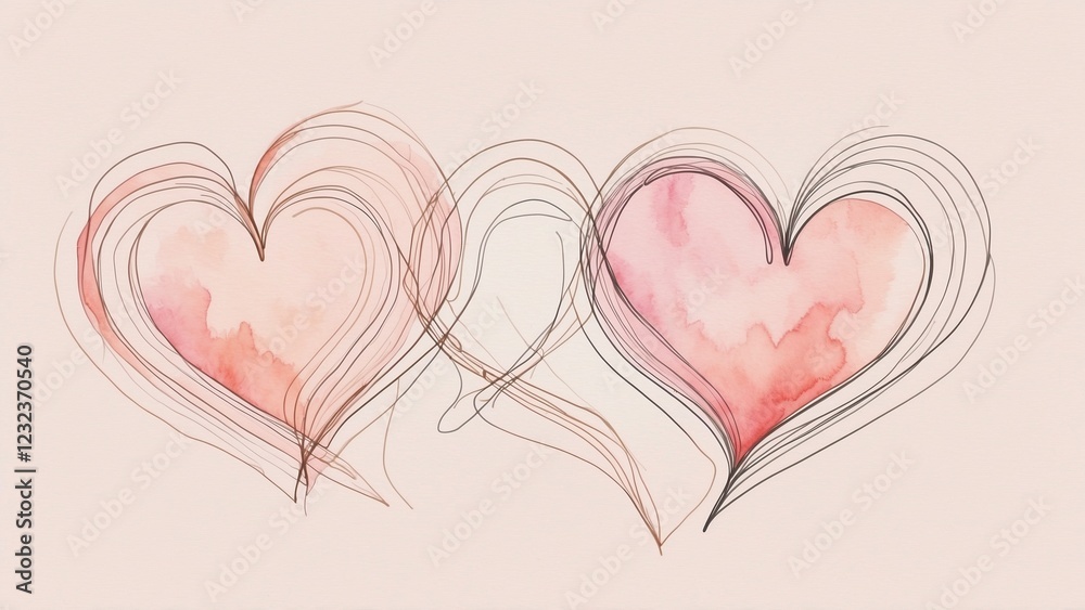 Watercolor abstract line art background with delicate continuous line drawings of intertwined hearts on blush canvas, minimalist and elegant Watercolor abstract line art background with delicate continuous line drawings of intertwined hearts on blush canvas, minimalist and elegant