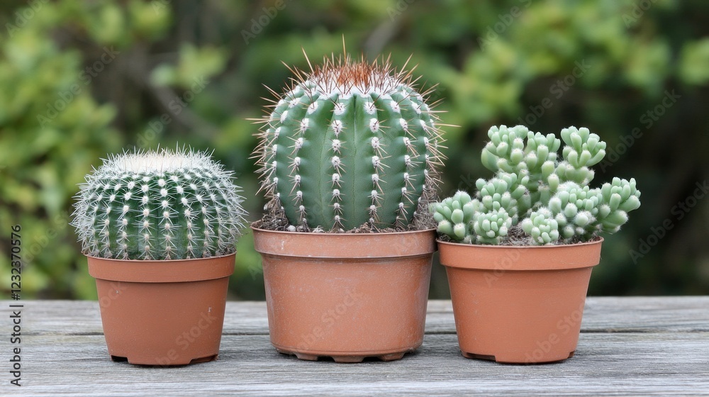 Three potted cacti and succulents on a wooden surface. Three potted cacti and succulents on a wooden surface.