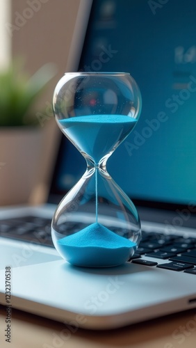 Modern hourglass with blue sand sitting on laptop keyboard measuring time
