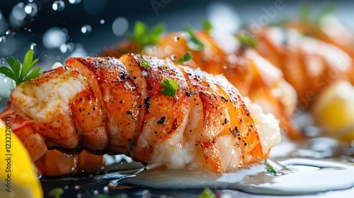 Lobster tails elegantly plated with herbs and lemon provide a visually stunning representation of gourmet cuisine, enticing food enthusiasts with their exquisite appearance and taste. photo