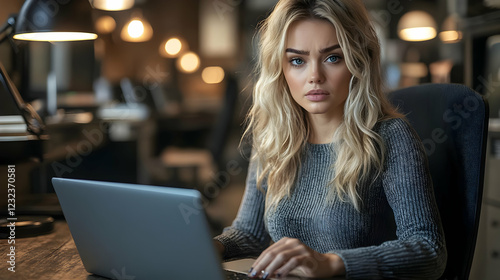 Focused Woman Works on Lapt...