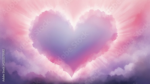 Watercolor gradient with light beams and soft heart silhouette in pink and lavender, ethereal and serene