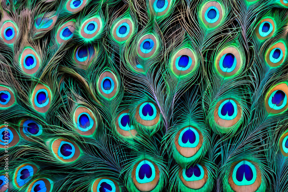 Obraz premium Texture of a peacock feather from the tail of an exotic bird. The background is a close-up of a multicolored iridescent eye of a feather animal.