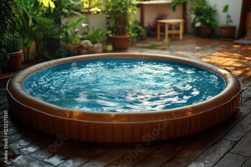 Relaxing moment in a serene garden setting with a round hot tub and lush greenery photo