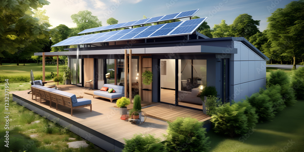 Fototapeta premium Environment friendly modern eco tiny house with solar cells on the roof