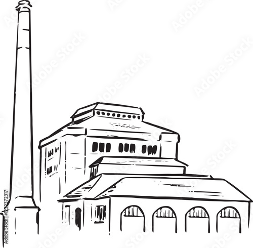 Abbey Pumping Station, Leicester, England black and white ink sketch. Iconic Victorian industrial building with ornate brickwork and tall chimney. Historic landmark illustration. Tourism, travel