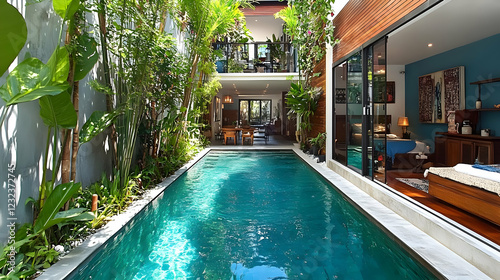 Wallpaper Mural Luxurious Indoor Pool Stretches Through Tropical Greenery in a Modern Home with Two-Story Design. Torontodigital.ca