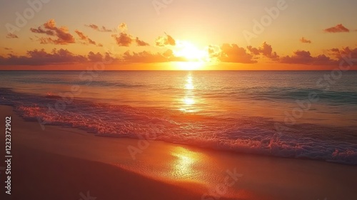 Golden Sunset Over Ocean Beach Waves