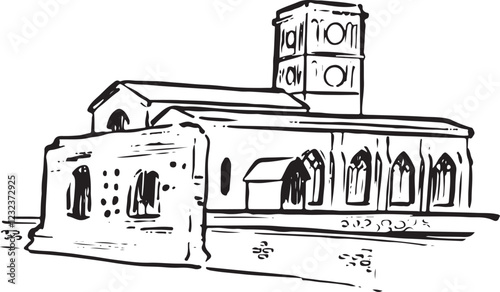 Jewry Wall, Leicester, England black and white ink sketch. Iconic Roman ruins with ancient brickwork and historic significance. Archaeological landmark illustration. Tourism, travel, and heritage