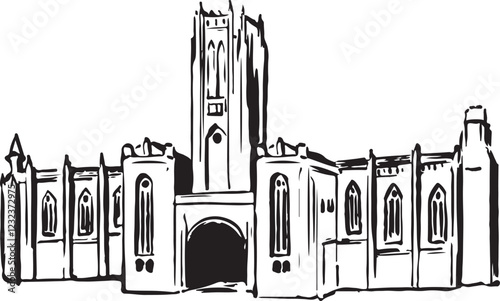 Liverpool Cathedral, Liverpool, England black and white ink sketch. Majestic Gothic Revival architecture with towering spires and intricate stonework. Historic landmark illustration. Tourism, travel, 