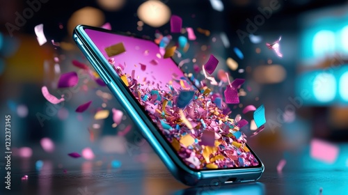 A mobile phone displaying a burst of colorful confetti, creating an exciting and dynamic visual that captures the festive joy and celebration associated with digital experiences.