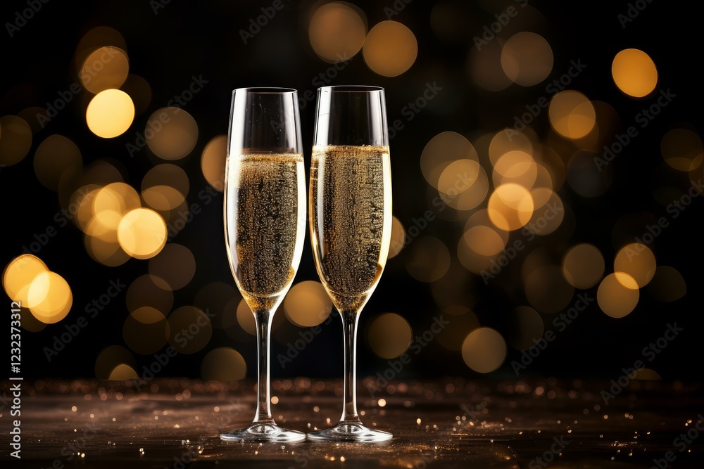 Two elegant champagne glasses bubbling with golden liquid stand on a dark wooden surface, against a backdrop of warm, glowing bokeh lights Two elegant champagne glasses bubbling with golden liquid stand on a dark wooden surface, against a backdrop of warm, glowing bokeh lights