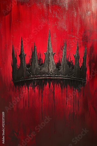 Black crown dripping dark paint on red textured background, grunge art style, dramatic lighting, vertical format photo