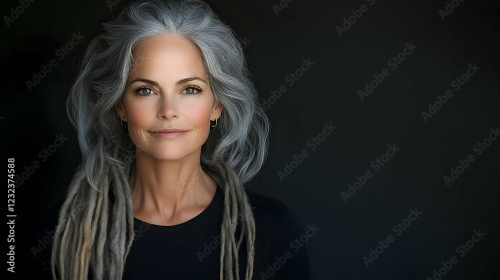 Fototapeta premium Woman with Gray Dreadlocks and Green Eyes Poses Confidently Against a Dark Background