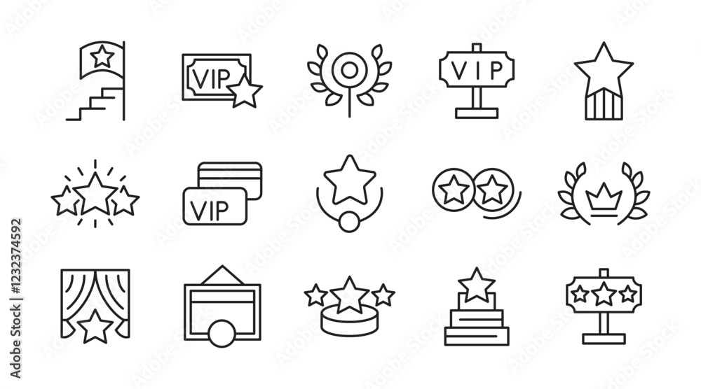 VIP line icon set. Prize, reward, incentive, coupon, reward, card, profit, star, gift, List, Red Carpet, VIP, card sketch, service, membership, quality line icon set. UI thin line icon pack. VIP line icon set. Prize, reward, incentive, coupon, reward, card, profit, star, gift, List, Red Carpet, VIP, card sketch, service, membership, quality line icon set. UI thin line icon pack.