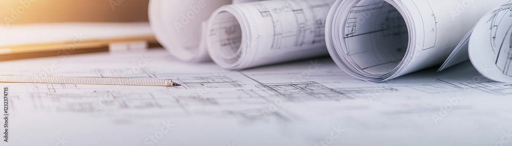 Blueprints and architectural plans rolled on a desk, showcasing intricate design details for construction projects. Blueprints and architectural plans rolled on a desk, showcasing intricate design details for construction projects.