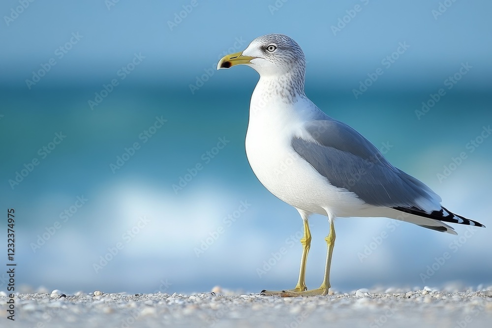 Seagull stands gracefully on sandy beach near the ocean in bright daylight with gentle waves in the background Seagull stands gracefully on sandy beach near the ocean in bright daylight with gentle waves in the background