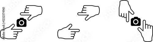 Manual framing or cropping photo from camera. Hand gesture while taking photo. Filmmaking, director's vision, movie. Vector EPS 10