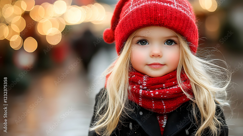 Cute Child Wears Red Winter Clothes and Stands Outdoors with Bokeh Lights Background.