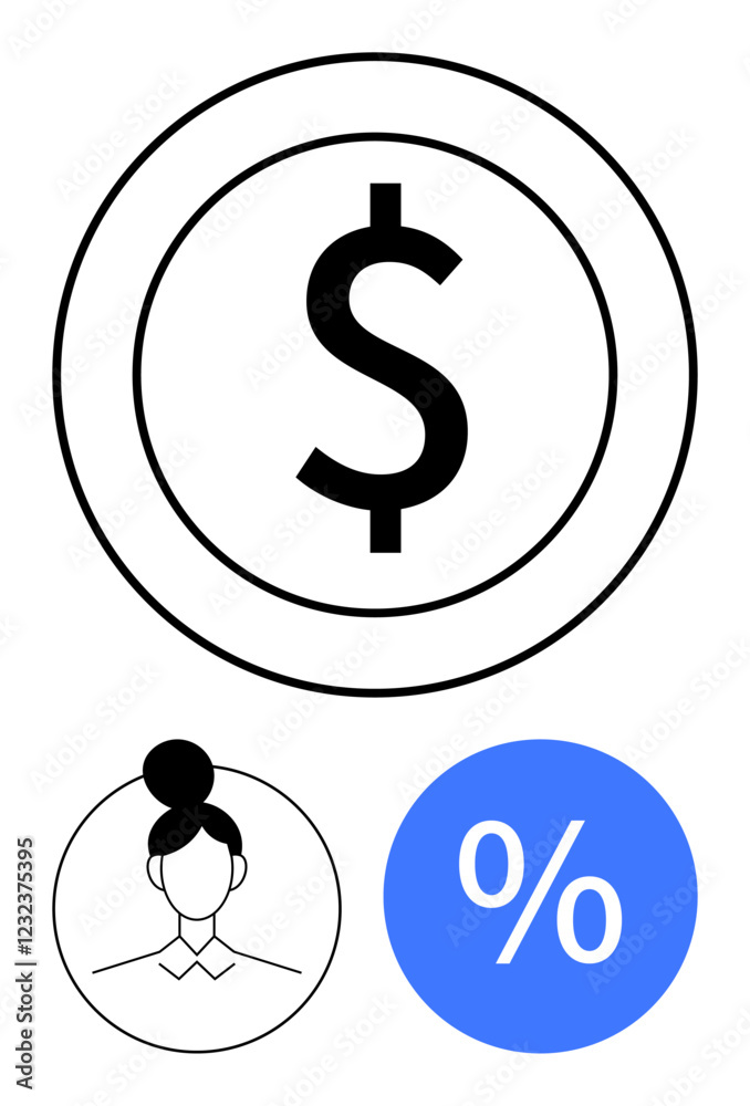 Dollar sign inside concentric circles, female profile outline, and percentage symbol in blue circle. Ideal for finance, banking, loans, interest rates, investments, economic analysis marketing