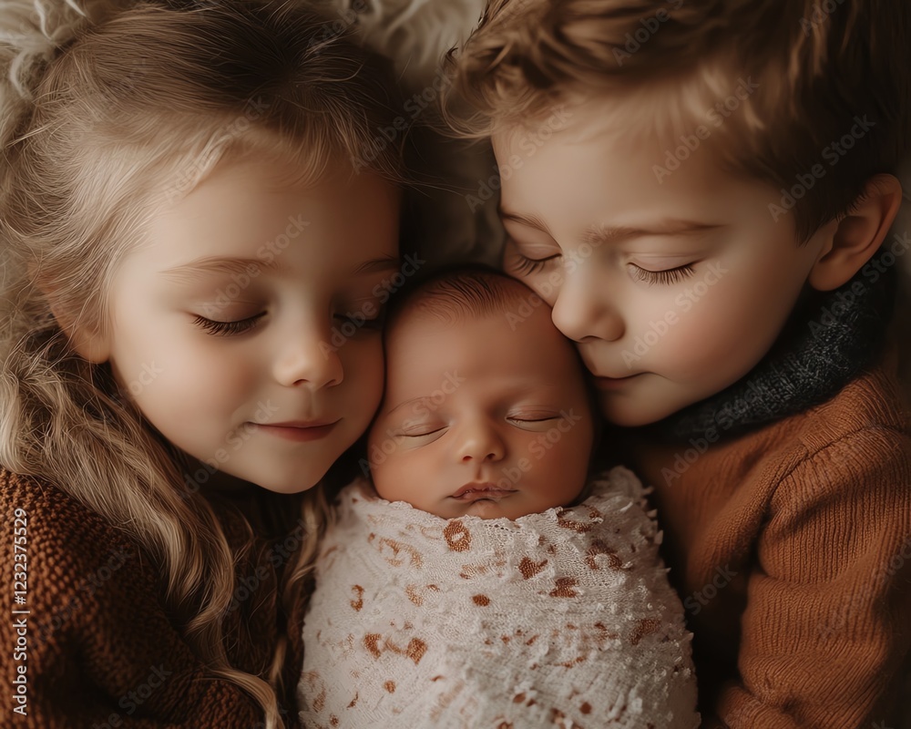 Three children share a tender moment, with two siblings lovingly gazing at their newborn sibling, wrapped in a cozy blanket. Three children share a tender moment, with two siblings lovingly gazing at their newborn sibling, wrapped in a cozy blanket.