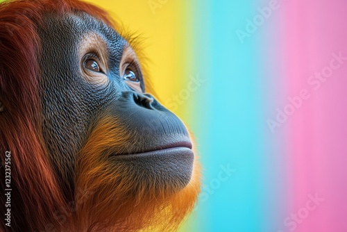 Cute orangutan gazes thoughtfully against a colorful background in a calm setting photo