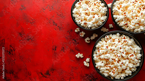 Popcorn in black bowls sits...