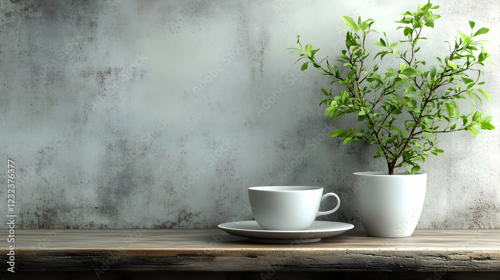 White Coffee Cup Sits on a Rustic Wooden Table Next to a Small Potted Plant, with a Textured Wall Background White Coffee Cup Sits on a Rustic Wooden Table Next to a Small Potted Plant, with a Textured Wall Background