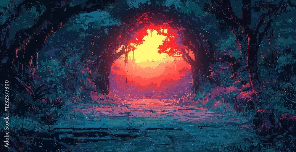 Naklejka premium Enchanted Forest of Shadows, a pixel art scene revealing a mystical woodland where shadows dance and tell ancient stories of forgotten realms.