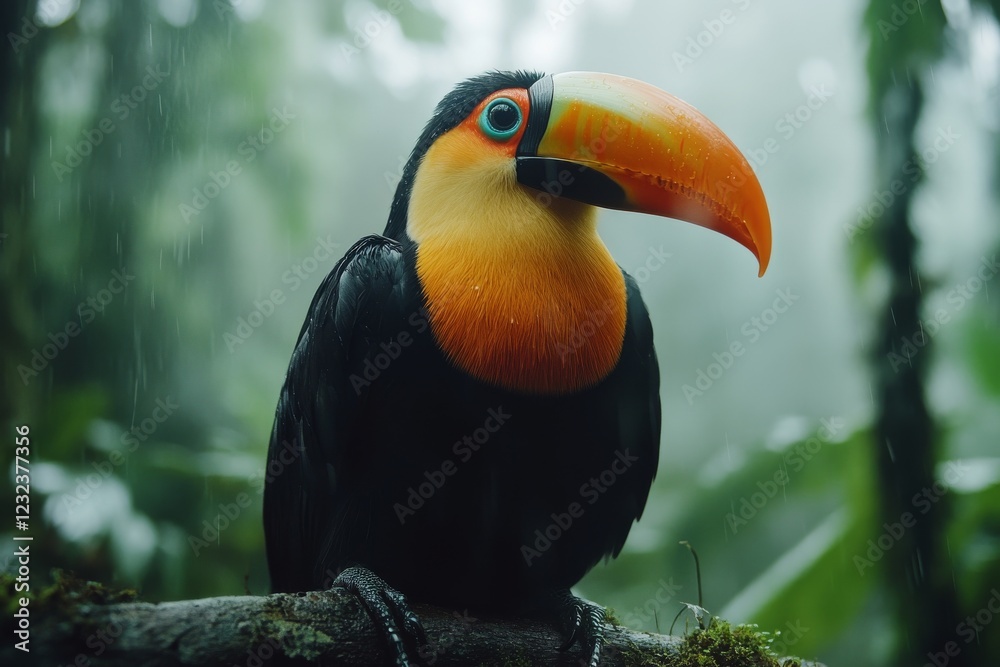 Colorful toucan perched on a branch in a lush rainforest during a light rain Colorful toucan perched on a branch in a lush rainforest during a light rain