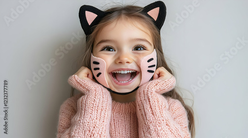 Smiling Child Wears Cat Ear...