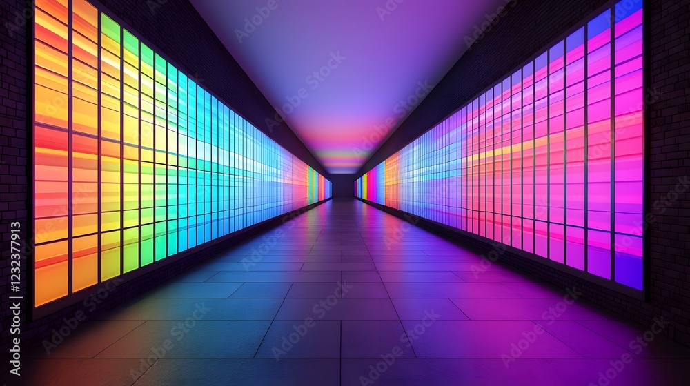 A Stunning Display of Light in a Modern Gallery Featuring Striking Colorful Walls and Floor. Visualization Practice Concept A Stunning Display of Light in a Modern Gallery Featuring Striking Colorful Walls and Floor. Visualization Practice Concept