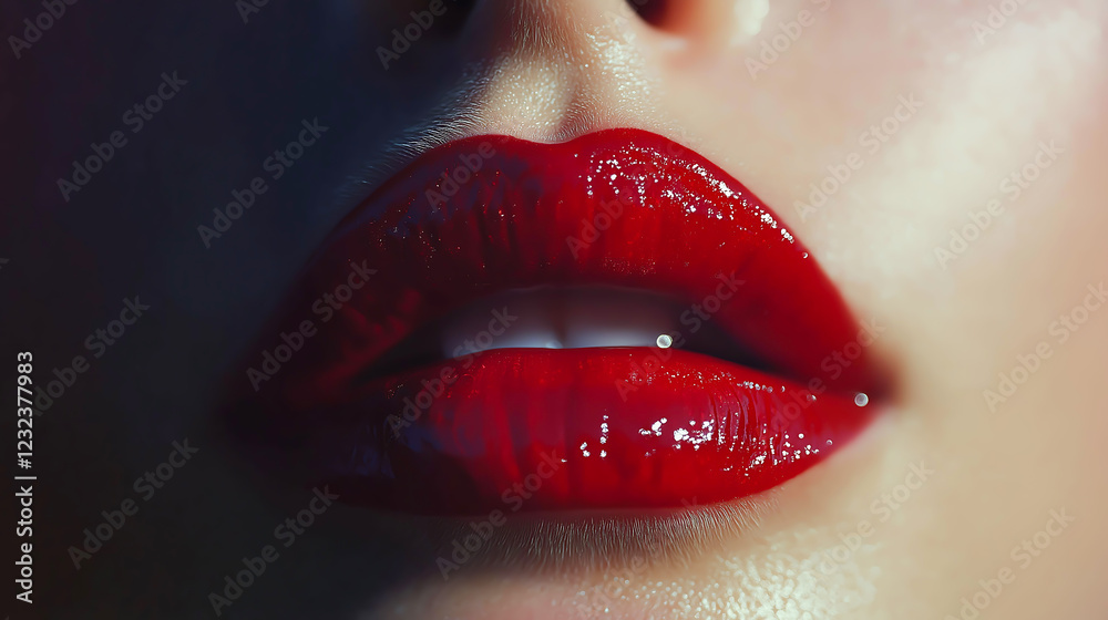 Fototapeta premium Girl lips with glossy shinny lipstick, Close up of lipstick with female lips, Beauty and cosmetics