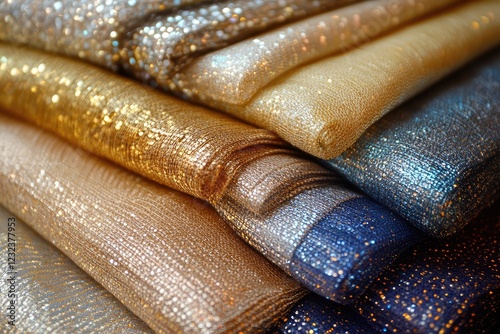 A collection of metallic-threaded fabrics, folded and stacked, catching the light and creating a shimmering effect photo