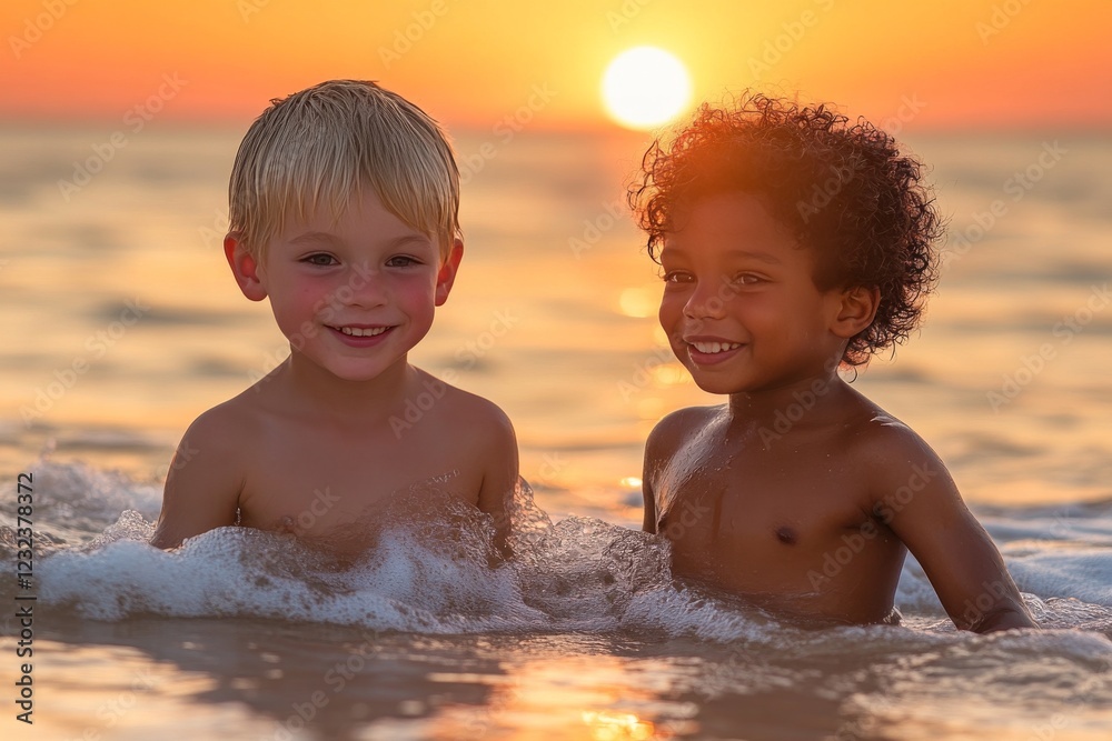 Children enjoying the sunset while playing in the ocean water on a warm summer evening Children enjoying the sunset while playing in the ocean water on a warm summer evening