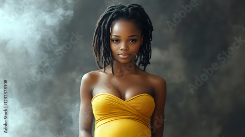 Woman with dreadlocks poses...