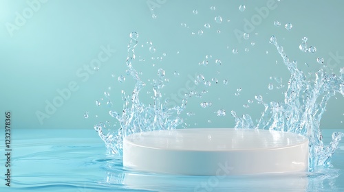 White podium in water with splashing drops on blue background
