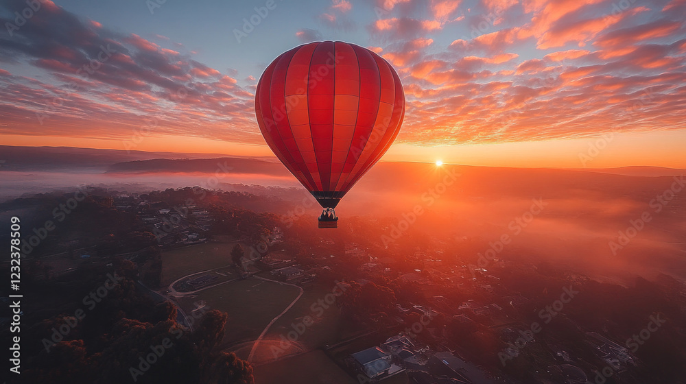 A group of people enjoying a sunrise hot air balloon ride, marveling at the breathtaking views A group of people enjoying a sunrise hot air balloon ride, marveling at the breathtaking views