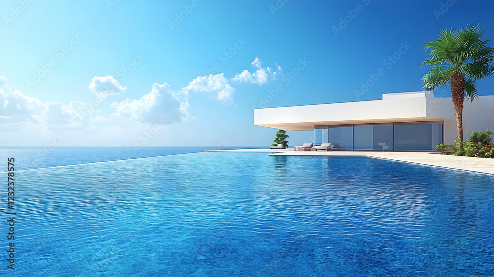 Fototapeta premium Modern Villa with Infinity Pool Overlooking the Ocean Reflects Blue Sky Peacefully Under Clouds
