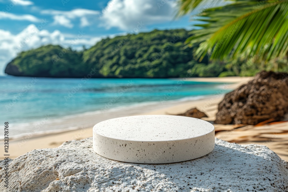 Serene beach setting with a round stone on a rock under a blue sky in the tropics