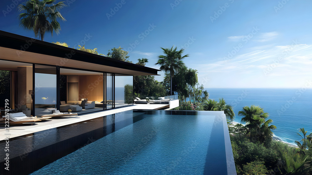 Fototapeta premium Modern Cliffside Villa Boasts an Infinity Pool Overlooking the Ocean with Tropical Greenery
