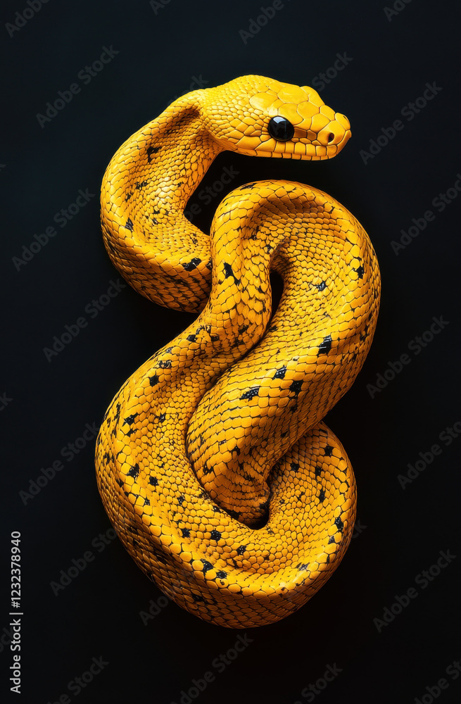 Fototapeta premium golden yellow snake with black spots, coiled elegantly against dark background, showcasing its vibrant scales and striking appearance. This captivating reptile exudes sense of mystery and beauty