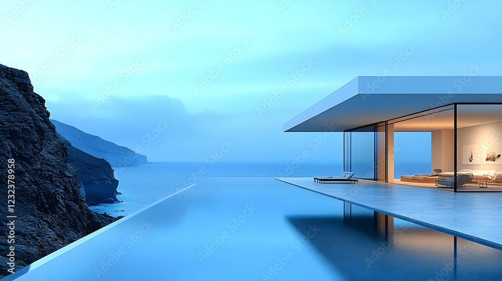 Fototapeta premium Modern Cliffside Villa with Infinity Pool Overlooking the Tranquil Ocean at Dusk