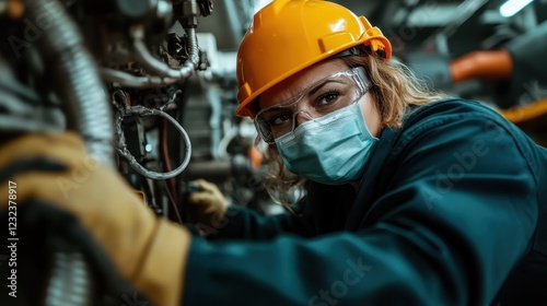 A close-up of an engineer meticulously examining machinery, showcasing safety precautions and expertise, emphasizing the critical role of precision in industrial environments. photo