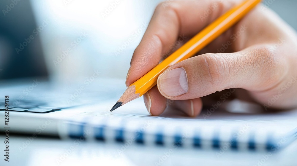 Focused Hand of a Person Using a Pencil to Write or Take Notes in a Notebook Placed on a Desk Next to a Laptop in an Office or Study Space Workspace Concept of Education Productivity Brainstorming Focused Hand of a Person Using a Pencil to Write or Take Notes in a Notebook Placed on a Desk Next to a Laptop in an Office or Study Space Workspace Concept of Education Productivity Brainstorming