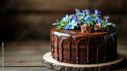 A stunning chocolate cake richly decorated with fresh flowers, embodying indulgence and beauty, making it an ideal centerpiece for any occasion. photo