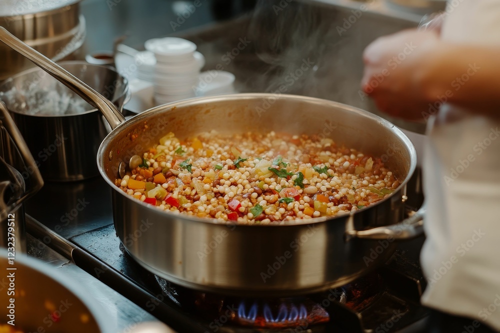 Steaming pan of couscous mixture on a stove. Steaming pan of couscous mixture on a stove.