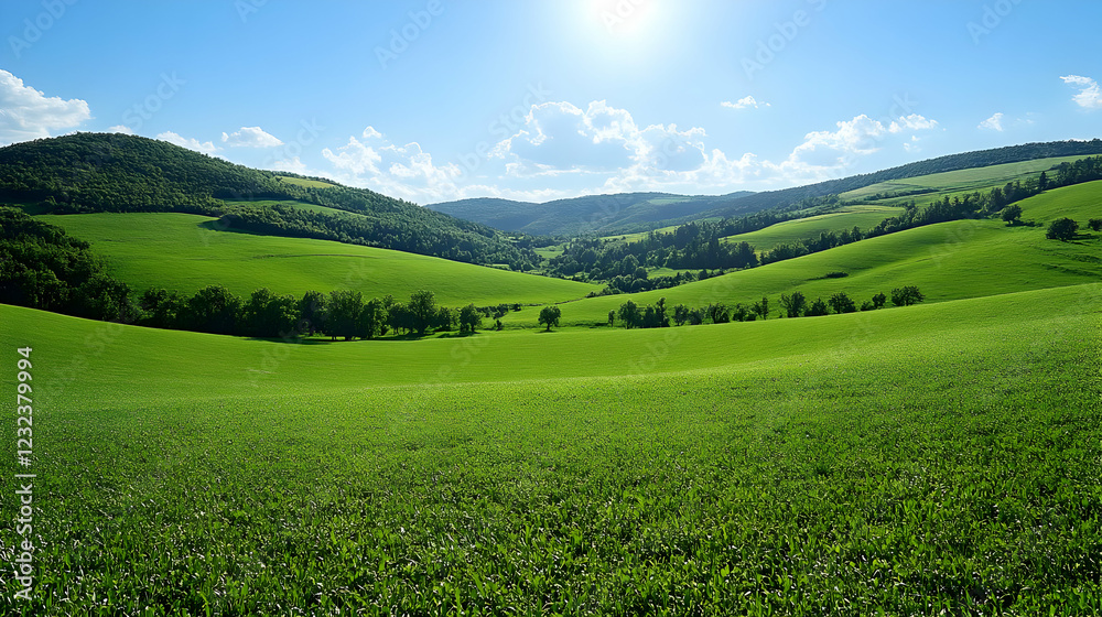 Green hills meet blue sky in a picturesque landscape of rolling terrain and lush vegetation under a bright sun. Green hills meet blue sky in a picturesque landscape of rolling terrain and lush vegetation under a bright sun.